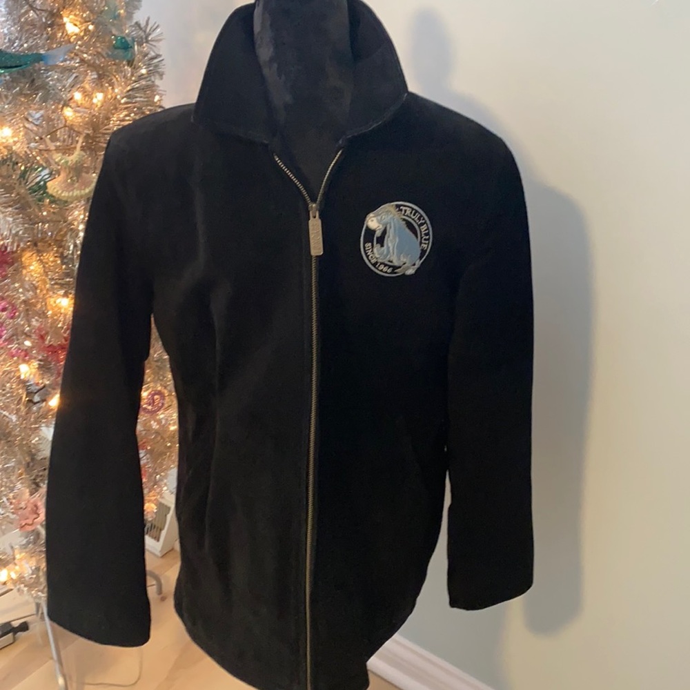 Vintage Disney Store Eeyore coat- lined suede with embroidered patches